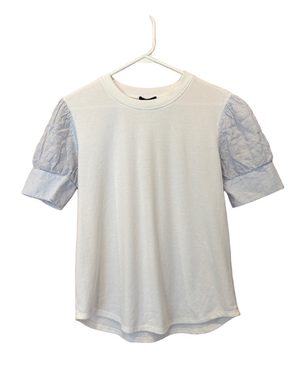 DREW Anthropologie White Crew Neck Tee with White/Blue Stripe Puff Short Sleeve